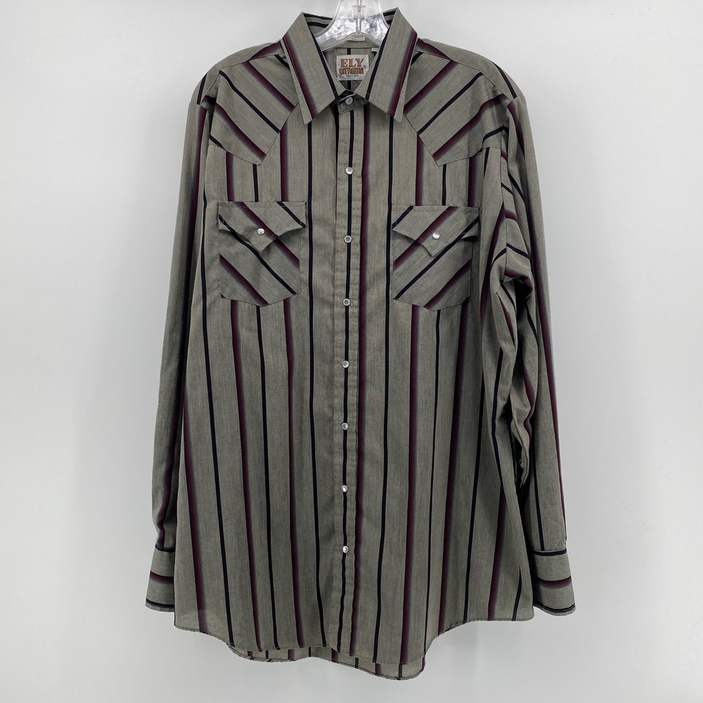 Ely Cattleman Tall Man Mens LT Grey Striped Western Pearl Snap Long Sleeve Shirt